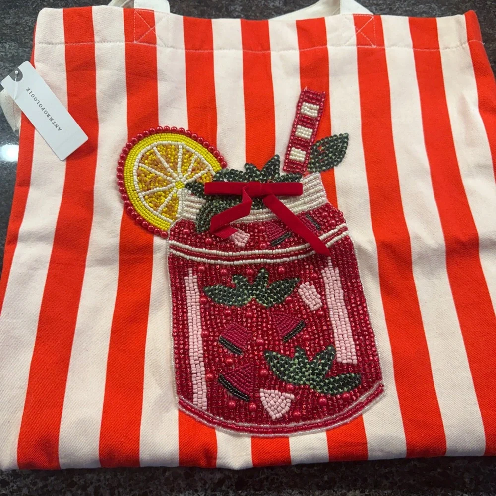 Anthropologie Printed Beaded Canvas Tote | Bloody Mary | NWT